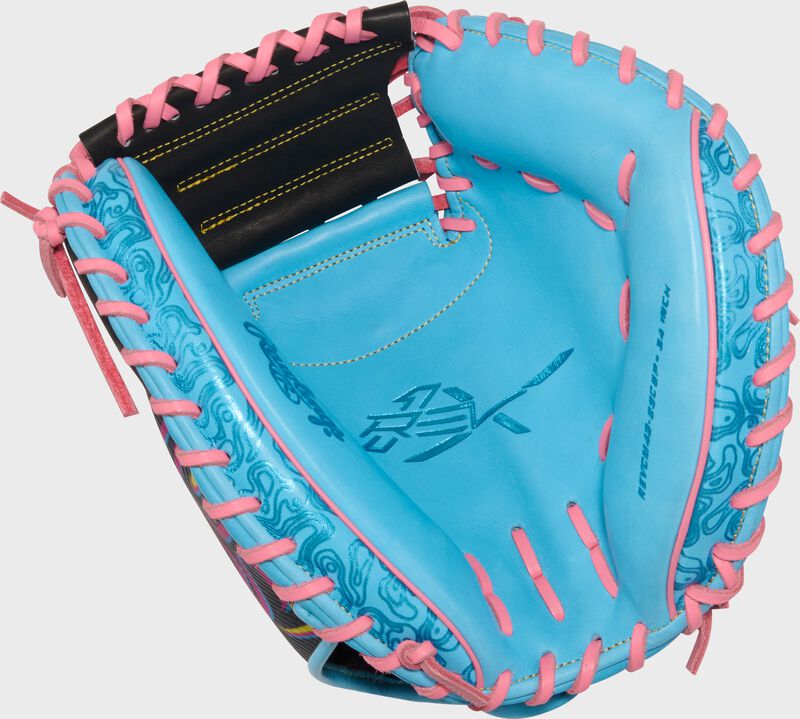 Columbia blue leather palm of a Rawlings REV1X 34-Inch Catcher's Mitt