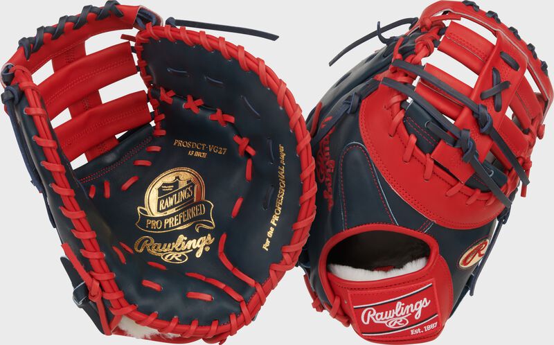 Two images showing the palm & back of a navy/scarlet Gameday 57 Series Vladimir Guerrero Pro Preferred 1st base mitt