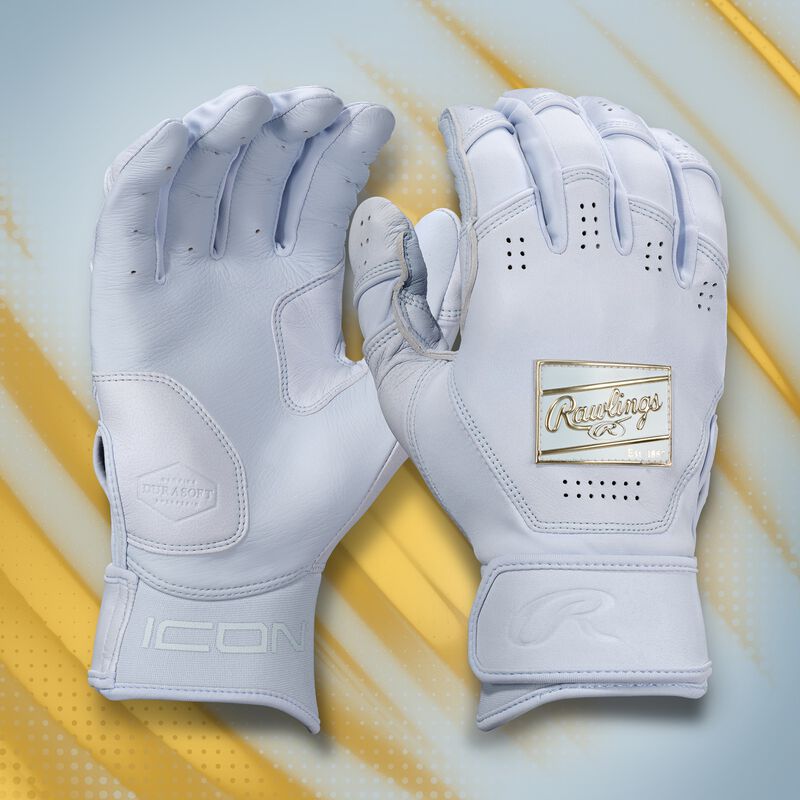 A pair of lavender Icon batting gloves with a lavender theme background