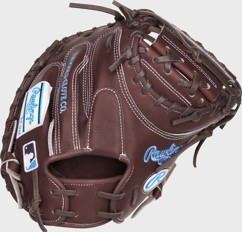 Back of a chocolate Heart of the Hide 33.5" catcher's mitt with a 1-piece solid web