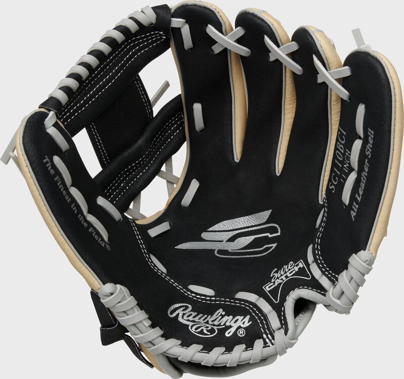 Black palm of a Rawlings Sure Catch youth glove with white laces and Sure Catch notch in the heel - SKU: SC110BCI loading=