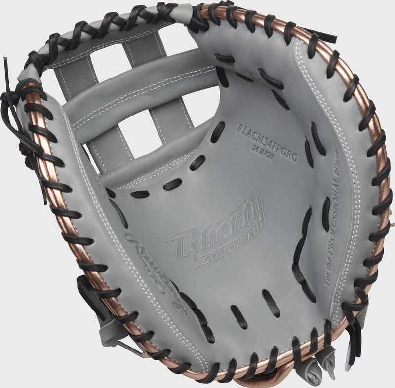 Gray palm of a Rawlings Liberty Advanced Color Series catcher's mitt with black laces - SKU: RLACM34FPGRG loading=