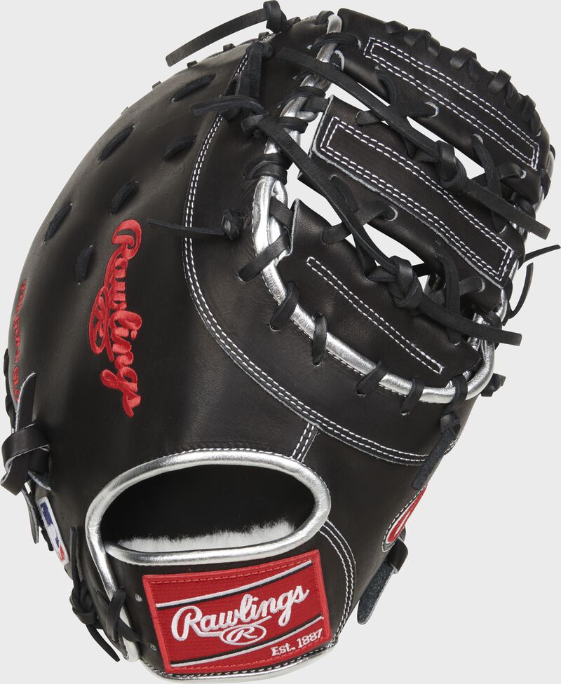 Back of a black Anthony Rizzo Pro Preferred 1st base mitt with a red Rawlings patch - SKU: PROSAR44BB