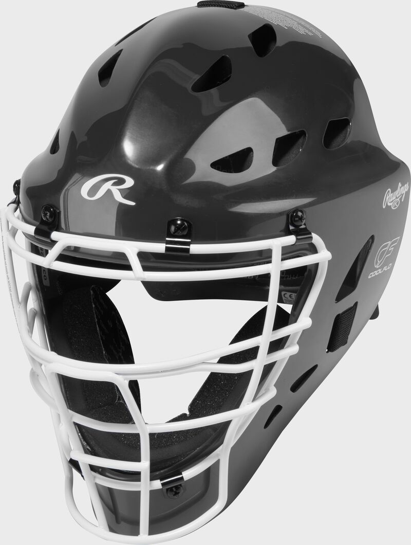 A black Rawlings Players 3 Series catcher's helmet