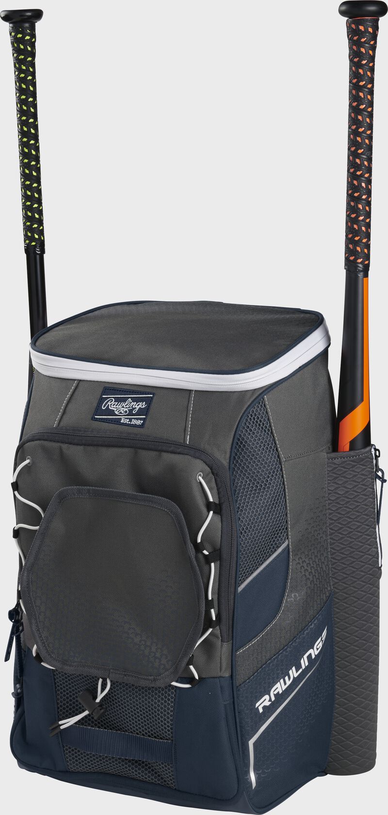 Front right angle view of a navy Impulse backpack with two bats in the side sleeves - SKU: IMPLSE-N