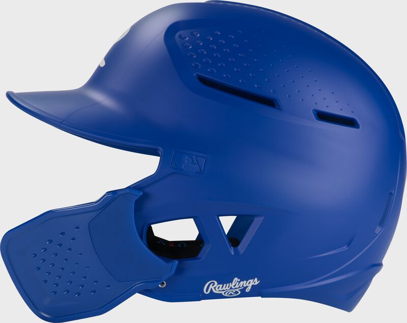 Left side of a royal Rawlings RX2 Reverse batting helmet