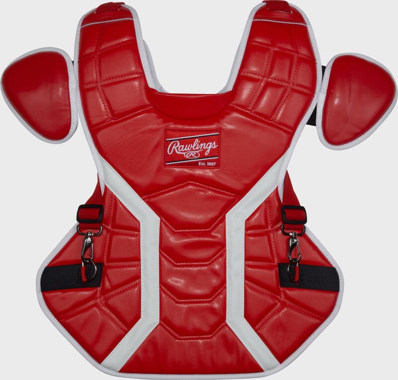 Front of a scarlet Rawlings Mach Pro Series chest protector