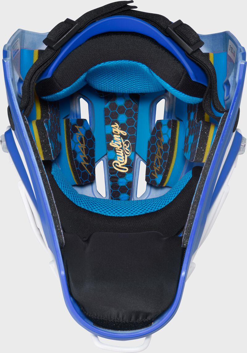 Inside padding of a royal Rawlings Mach Pro Series catcher's helmet