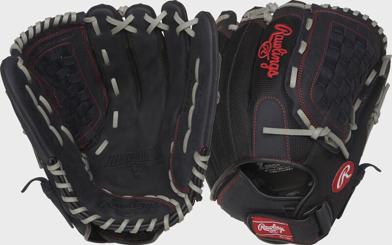 Two images showing the palm & back of a black Renegade 14" softball glove loading=