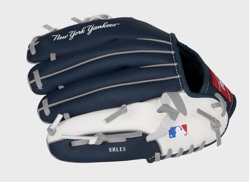 Back of a navy, white & red New York Yankees 10-inch youth glove with the MLB logo on the pinky - SKU: 22000030111