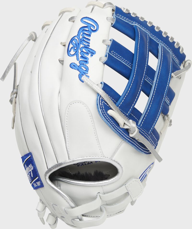 Back of a white/royal Liberty Advanced Color Series outfield glove with a pull strap back - SKU: RLA1275SB-6WRP loading=