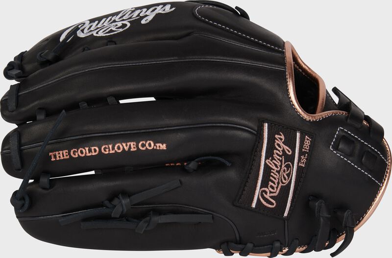 Black back of a Rawlings R9 Series 13" fastpitch glove with a black/rose gold Rawlings patch loading=