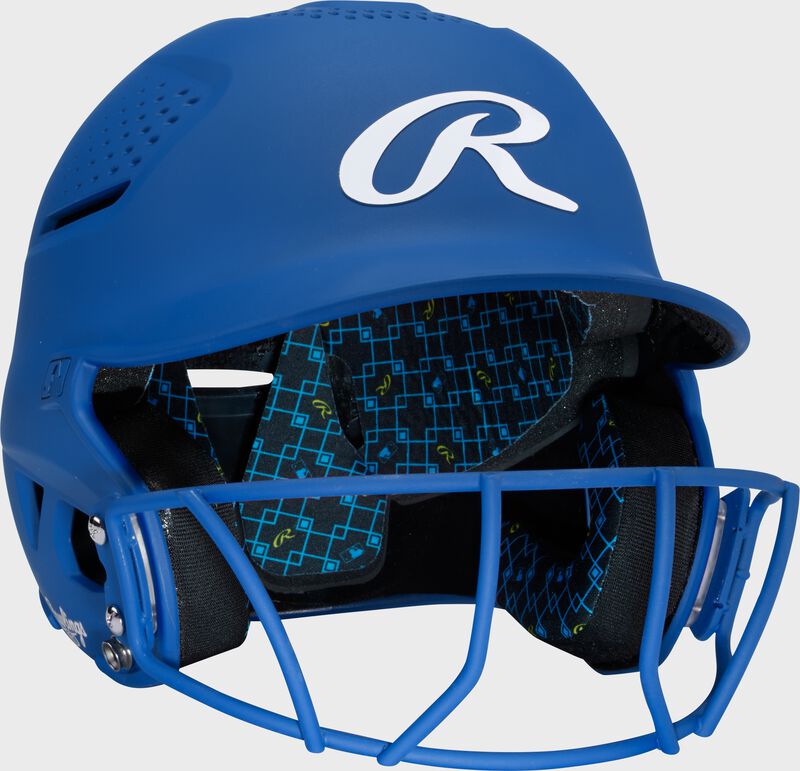 Front right of a royal Rawlings RX2 fastpitch batting helmet