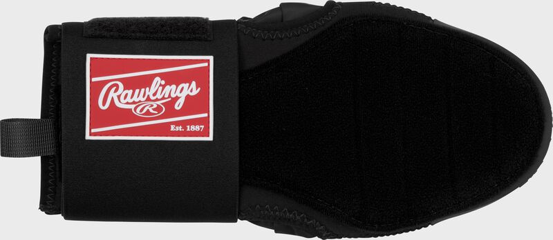 Palm of a black Rawlings sliding mitt with a red Rawlings patch logo on the wrist cuff loading=