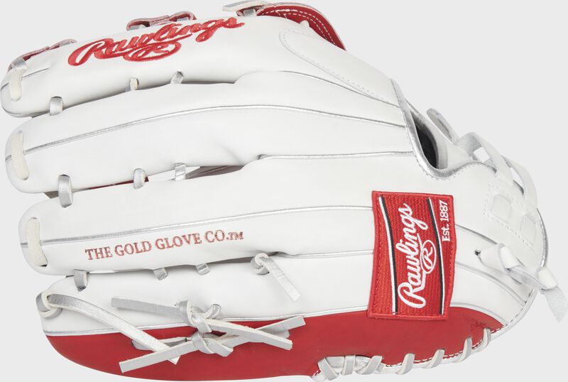 Back of a white/scarlet Liberty Advanced Color Series 12.75-Inch outfield glove with a red Rawlings patch - SKU: RLA1275SB-6WSP