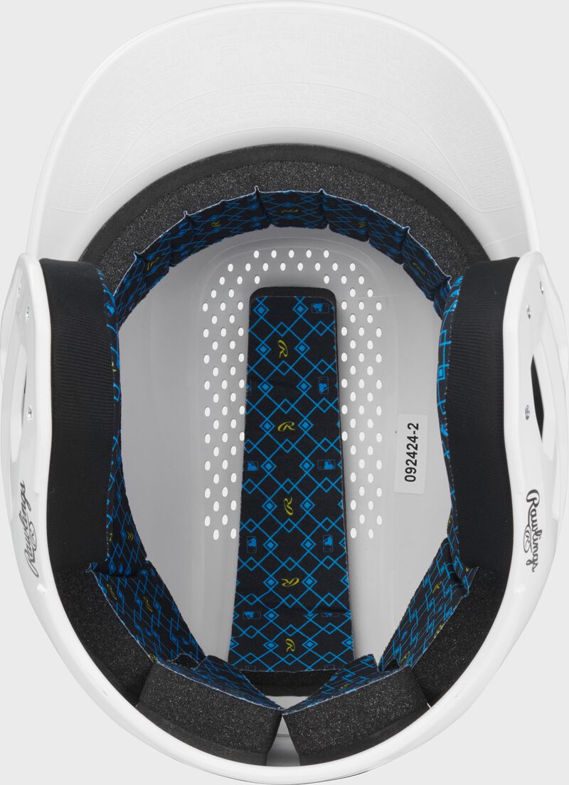 Inside padding of a white Rawlings RX2 gloss baseball batting helmet