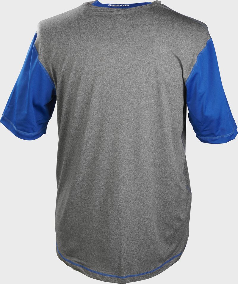 Back of a gray Rawlings Hurler short sleeve shirt with royal sleeves - SKU: HSSP-GR/R loading=