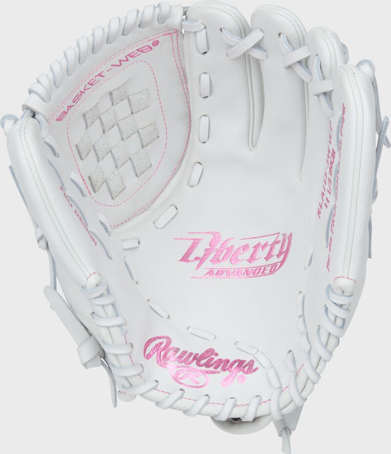 Palm of a white/pink Liberty Advanced 11.5-inch Fastpitch Softball Glove loading=