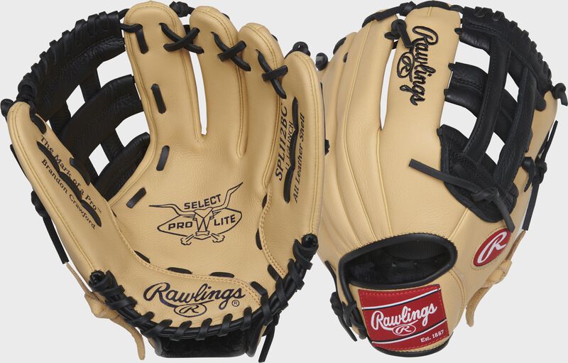 Two images showing the palm & back of a camel Select Pro Lite 11.25" Brandon Crawford youth glove