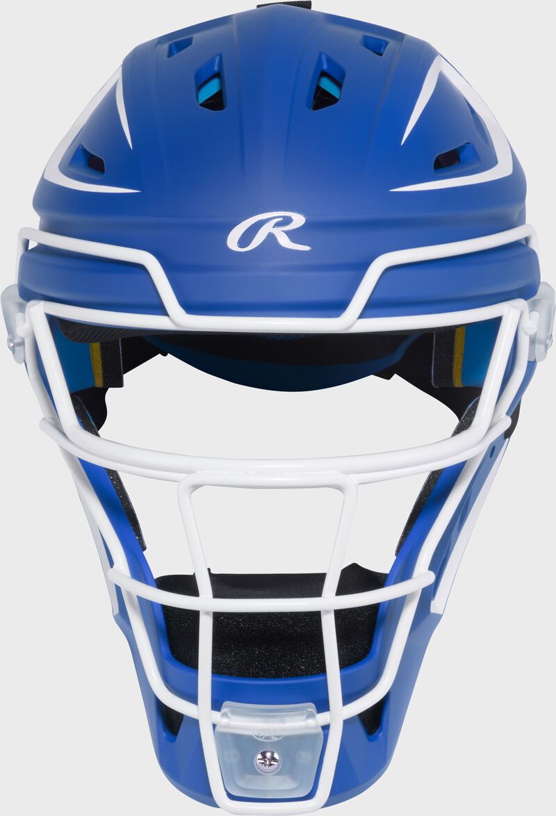 Front of a royal Rawlings Mach Pro Series catcher's helmet