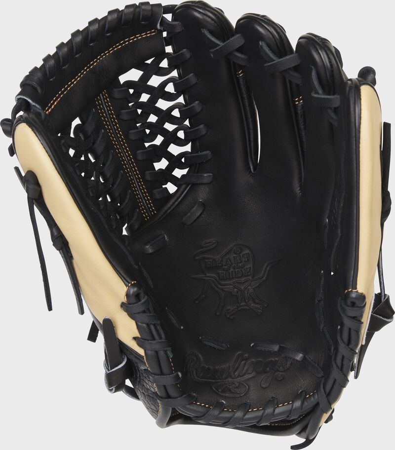 Black palm of a Rawlings HOH R2G infield/pitcher's glove with black laces - SKU: PROR205-4B