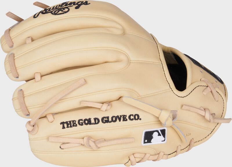 Back of a camel Heart of the Hide 11.25" infield glove with the MLB logo on the pinky