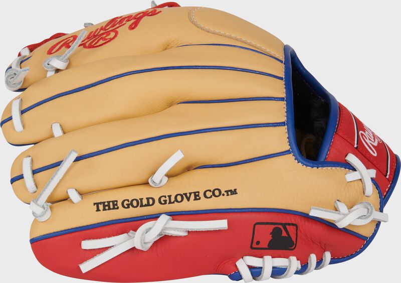 Back of a camel Corey Seager Select Pro Lite baseball glove with the MLB logo on the pinky loading=