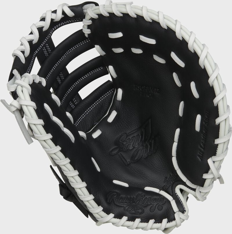 Black palm of a Rawlings Shut Out first base mitt with white laces - SKU: RSOFBM12
