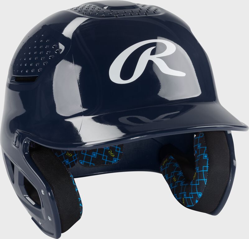 Front right of a navy Rawlings RX2 gloss baseball batting helmet