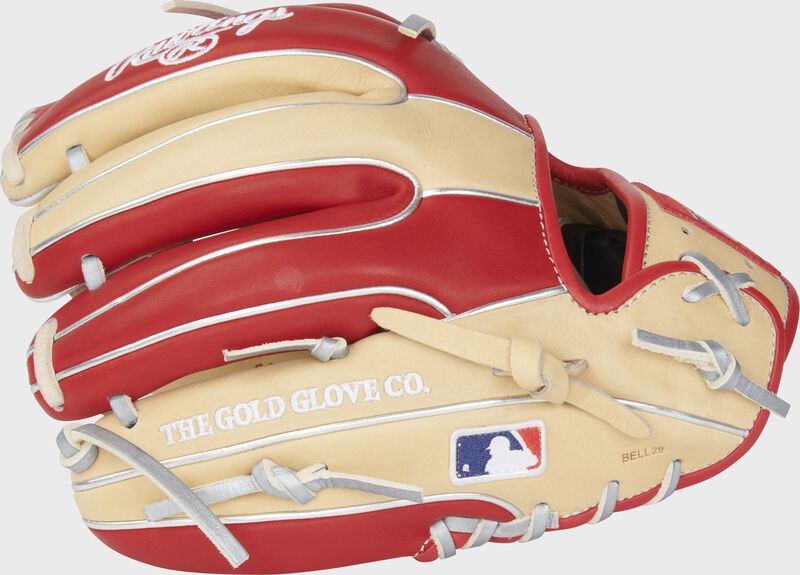 Back of a camel/scarlet Heart of the Hide R2G 11.5" infield glove with the MLB logo on the pinky - SKU: RSGRPROR314-32CSP