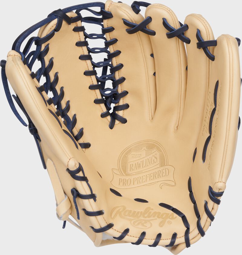 Palm of a camel Rawlings Pro Preferred Mike Trout glove with navy laces