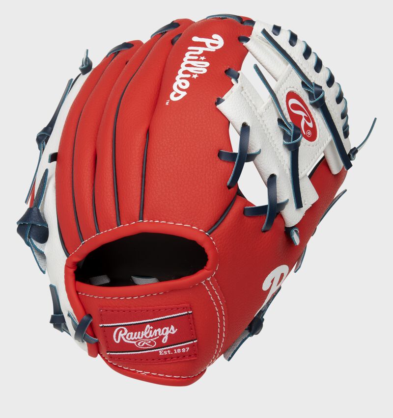 Back of a red/white Philadelphia Phillies 10-inch I-web glove with a red Rawlings patch - SKU: 22000020111 loading=