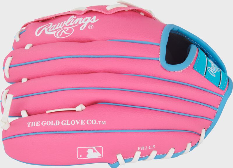 Finger backs of a pink/tie dye Rawlings Flex Palm Series 10-inch Youth Softball Glove