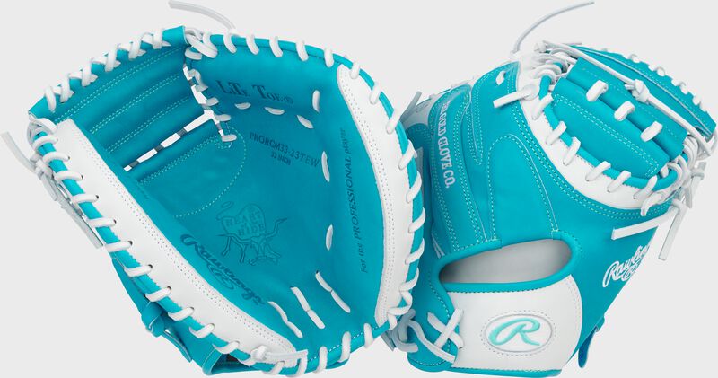 Two images showing the palm & back of a teal/white Exclusive Heart of the Hide 33-Inch Catcher's Mitt