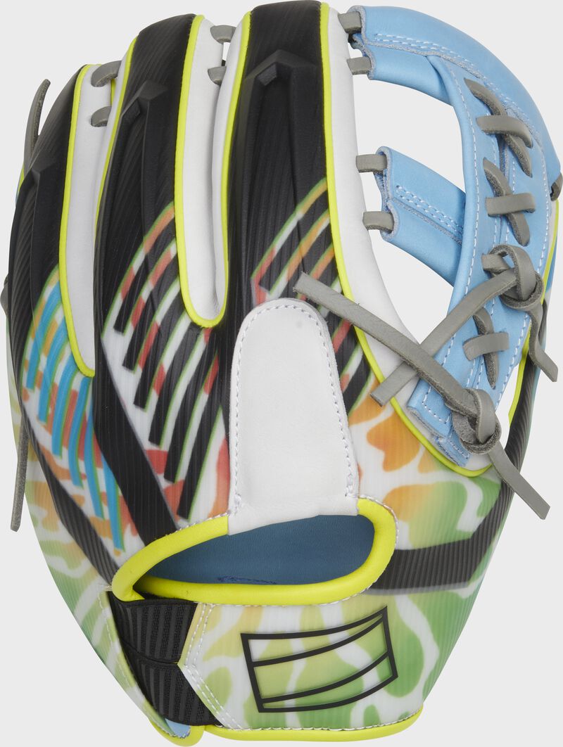 Back of a limited edition REV1X Francisco Lindor model infield glove with a multi-color back - SKU: RSGREVFL12-32