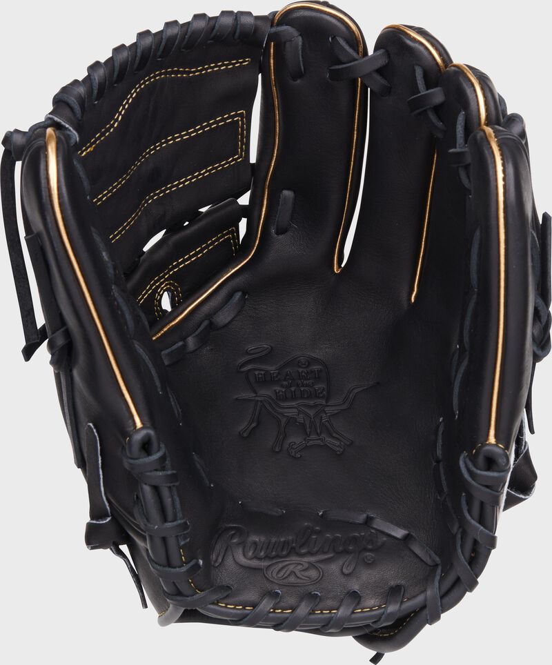 Black palm of a Rawlings Zack Greinke Heart of the Hide glove with black laces - SKU: RSGPRO206-9ZG