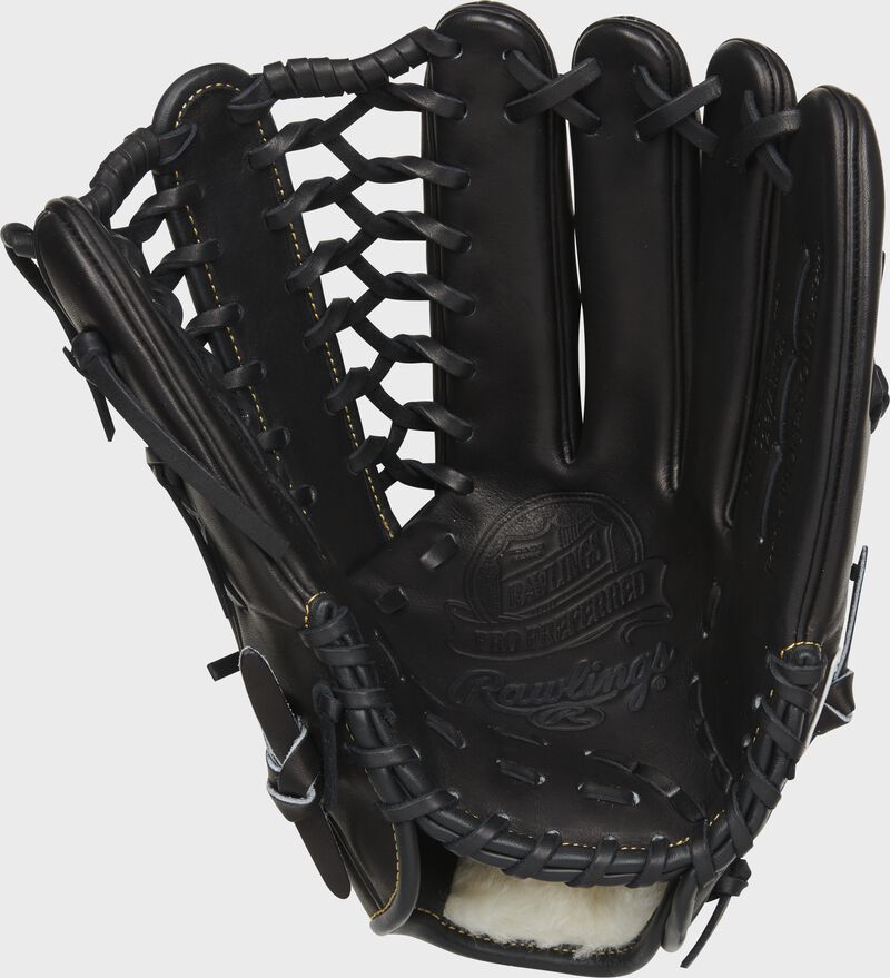 Palm of a black Rawlings Kole Calhoun Gameday 57 glove with black laces - SKU: PROS442-KC56 loading=