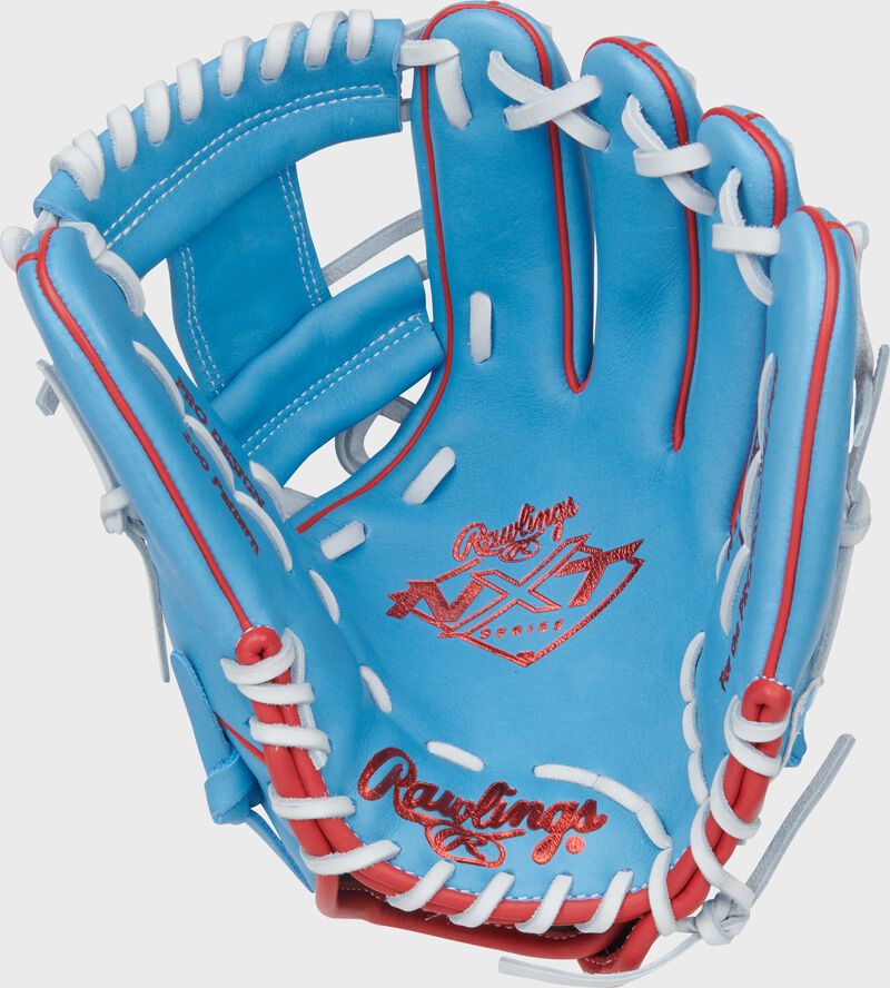 Palm of a Columbia blue Rawlings NXT Series 11.75-Inch Infield Glove with scarlet stamping and white laces