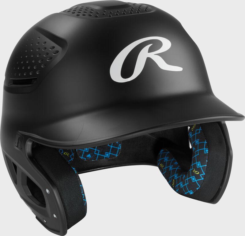 Front right of a black Rawlings RX2 batting helmet