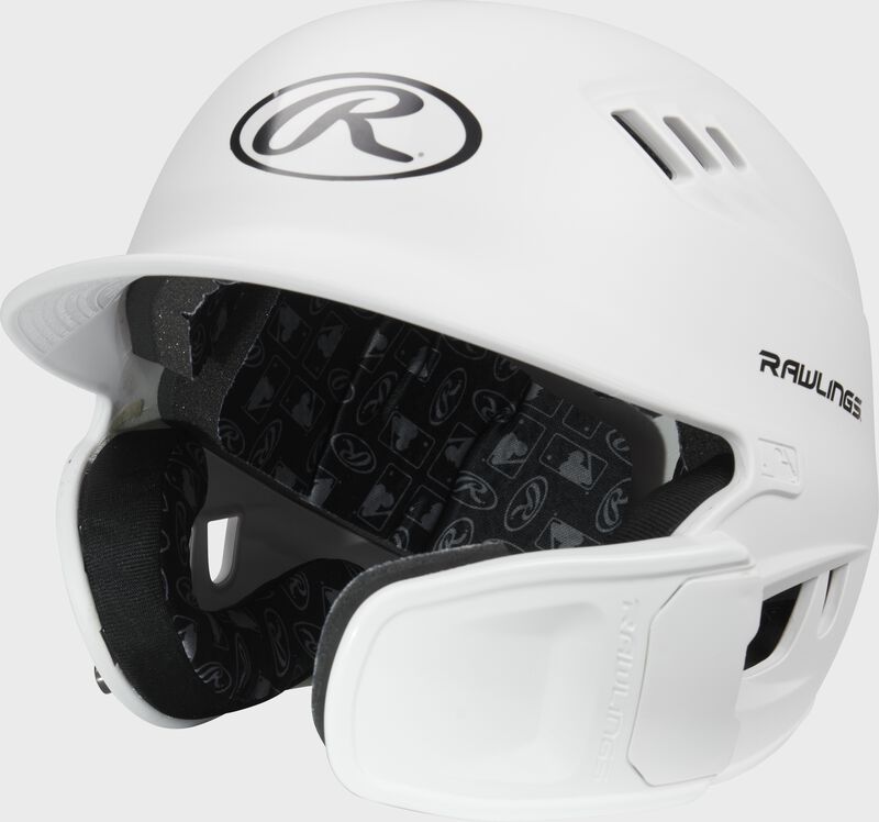 Front left-side view of White R16 Reverse Matte Batting Helmet | Junior & Senior - SKU: R6R07