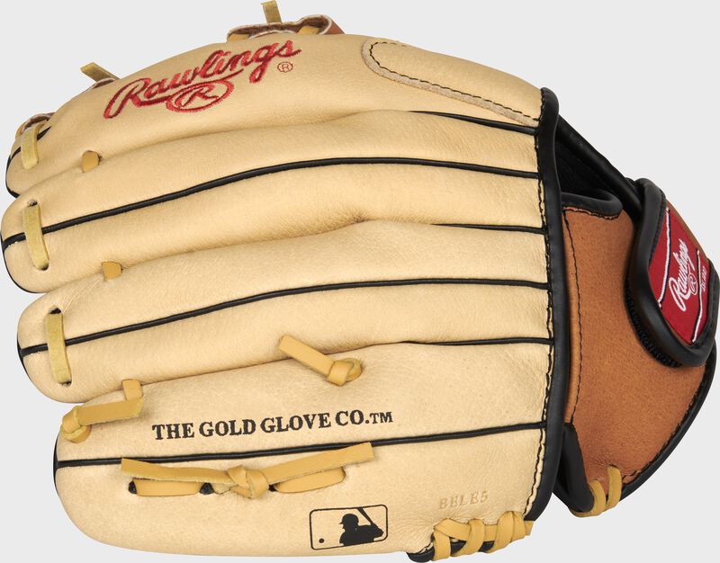 Back of a camel 10.5-Inch Sure Catch youth glove with the MLB logo on the pinky - SKU: SC105TCI loading=