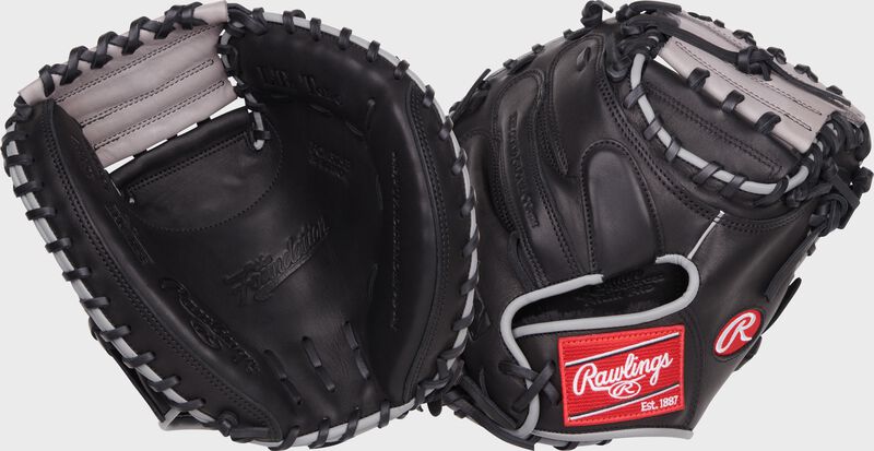 2 images showing the palm & back of a Foundation Series Aaron Judge youth catcher's mitt - SKU: RSGRFCM325B loading=