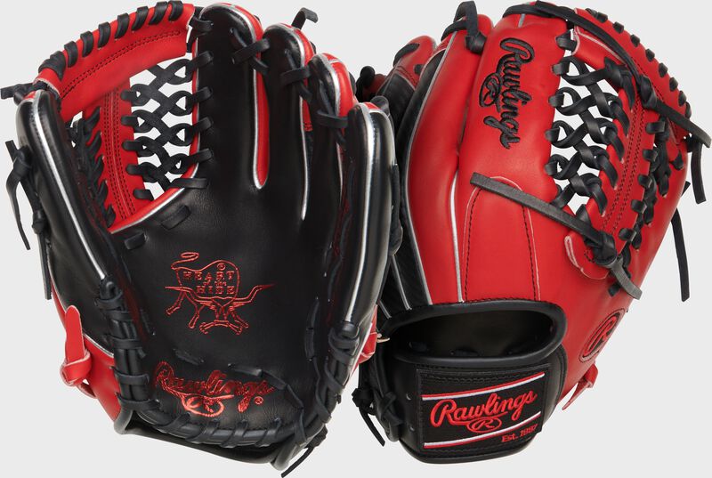 Two images showing the palm & back of a scarlet/black exclusive Heart of the Hide R2G IF/P glove