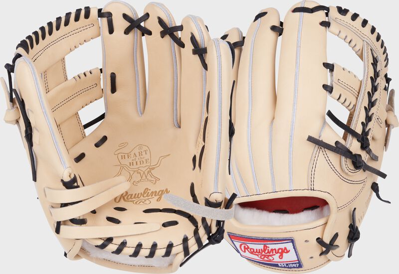 Two images showing the palm & back of a camel Rawlings Heart of the Hide Japan Series 11.5" glove