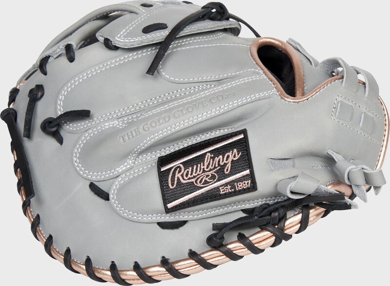 Back of a gray 34-Inch Liberty Advanced Color Series catcher's mitt with a black Rawlings patch - SKU: RLACM34FPGRG loading=
