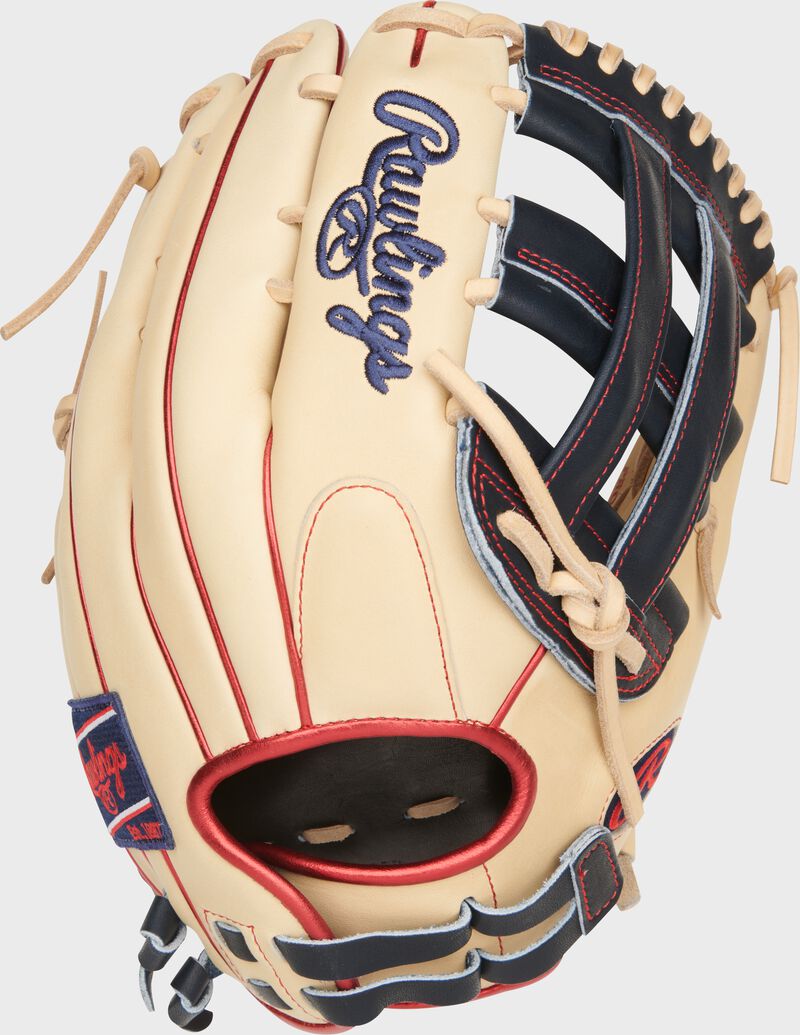 Camel back of a 12.75" Heart of the Hide outfield fastpitch glove with an adjustable pull strap wrist loading=