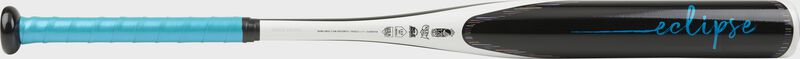 Barrel of a white/black FPZE12 Rawlings 2020 Eclipse fastpitch softball bat with blue grip loading=