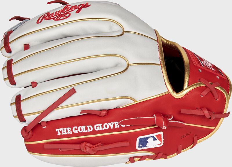 Pinky back view of scarlet and white 2021 St. Louis Cardinals Heart of the Hide glove