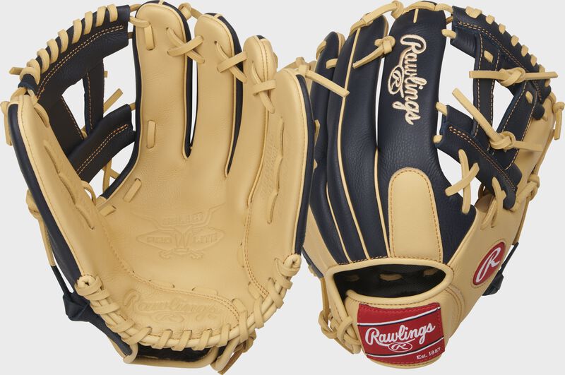 Two images showing the palm & back of a camel/navy Select Pro Lite 11.5" Manny Machado youth glove loading=