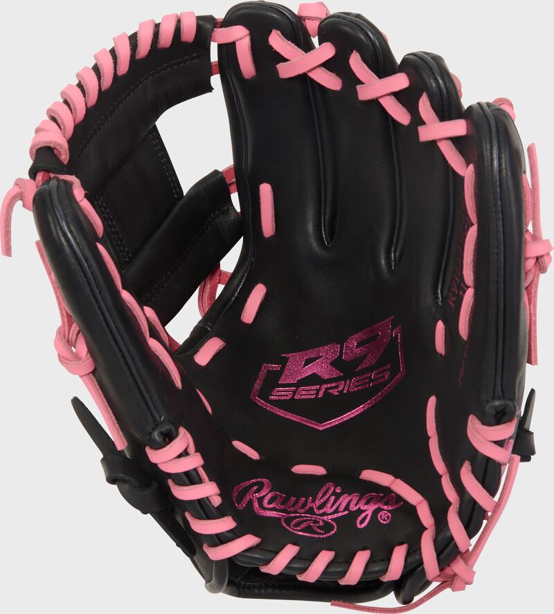 Black palm of a Rawlings R9 ContoUR 11.25-Inch Infield Glove with pink stamping and laces loading=